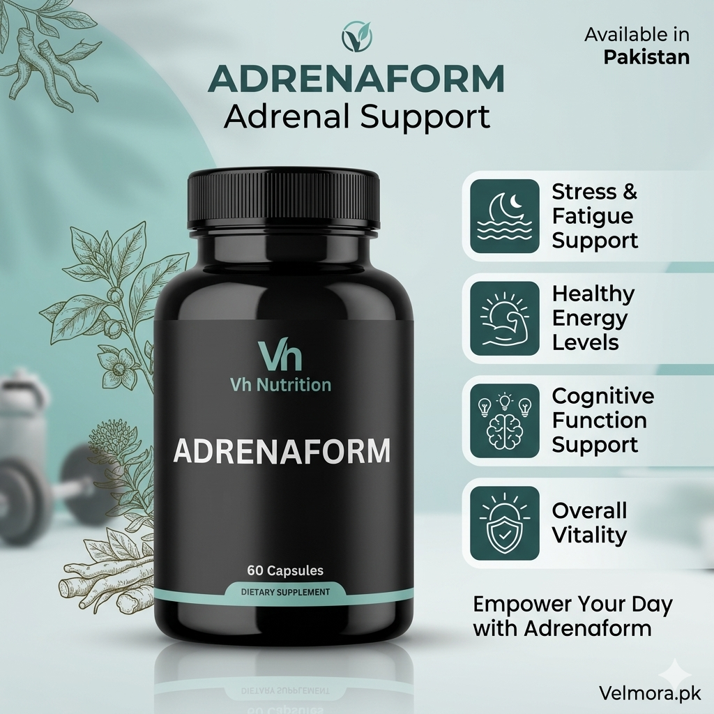 Vh Nutrition Adrenaform 60 Capsules In Pakistan Use the provided product image as the EXACT reference. IMPORTANT INSTRUCTIONS: - Do NOT change the product label - Do NOT redesign or recreate the packaging - Do NOT modify brand name, colors, or text on the product - Keep the product 100% original and realistic - Only enhance lighting, shadows, and background Task: Create a high-quality square (1:1) marketing image using the EXACT same product. Design Style: - Clean, modern, premium e-commerce style Background: - Add a soft gradient or lifestyle background matching the product category Enhancements: - Add realistic shadows and reflections - Improve lighting for a professional look Text Elements (around the product, NOT on label): - Product Name - Short tagline - 3–5 key benefits with icons - Optional: “100% Original”, “Available in Pakistan” Visual Additions: - Add related ingredients or icons (herbs, capsules, fitness, etc.) - Keep focus on the real product Composition: - Product in center (unchanged) - Text and graphics around it - Clean and not overcrowded Output: - Perfect square (1:1 ratio) - HD quality - Realistic, not AI-generated look Goal: Make a scroll-stopping product ad while keeping the product 100% authentic. Velmora.pk